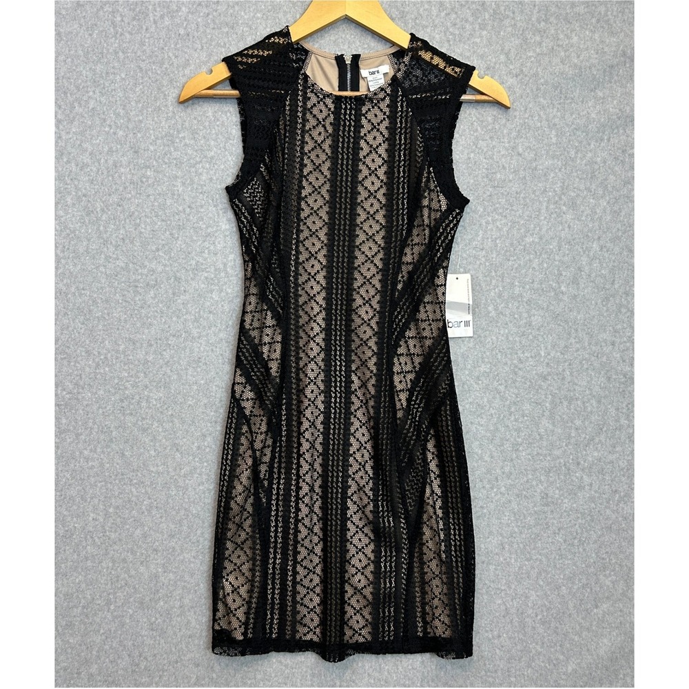Bar III Cocktail Dress Black Nude Lace Geometric Sleeveless Bodycon Size XS NWT